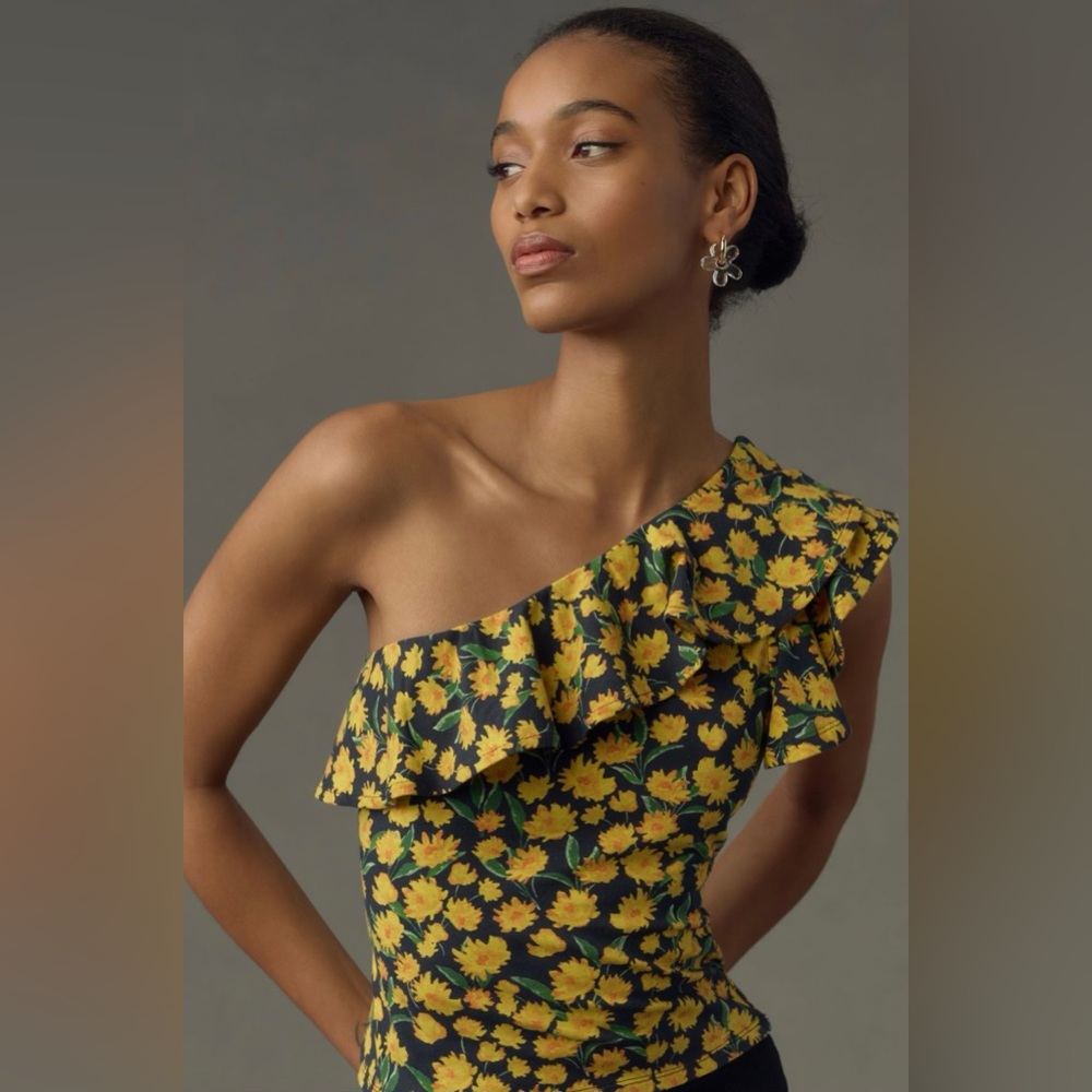 MAEVE NWT Anthropologie One-Shoulder Ruffled Top Yellow Flower Cotton Size XS